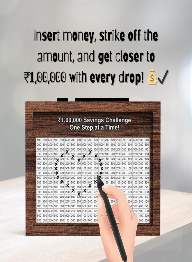 AVATAAR STUDIO Wooden Money Saving Box for Adults & Kids, Coin Box, Savings Box, Piggy Bank, Smart Money Box with Transparent Sides, Money Saver, with Numbers, Target 100,000 Rupees Savings Box (Standard, M) - Image 2